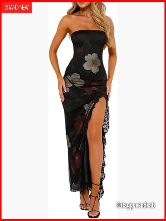 Dresses & Skirts - Strapless Tube Maxi Dress with High Split and Lace Trim Bodycon Fit